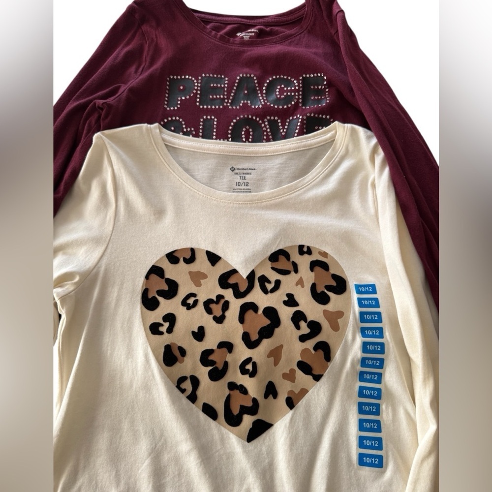 Member’s Marks Girl’s 2- Pack Tees “Peace &Love” & Leopard Heart Long Sleeve